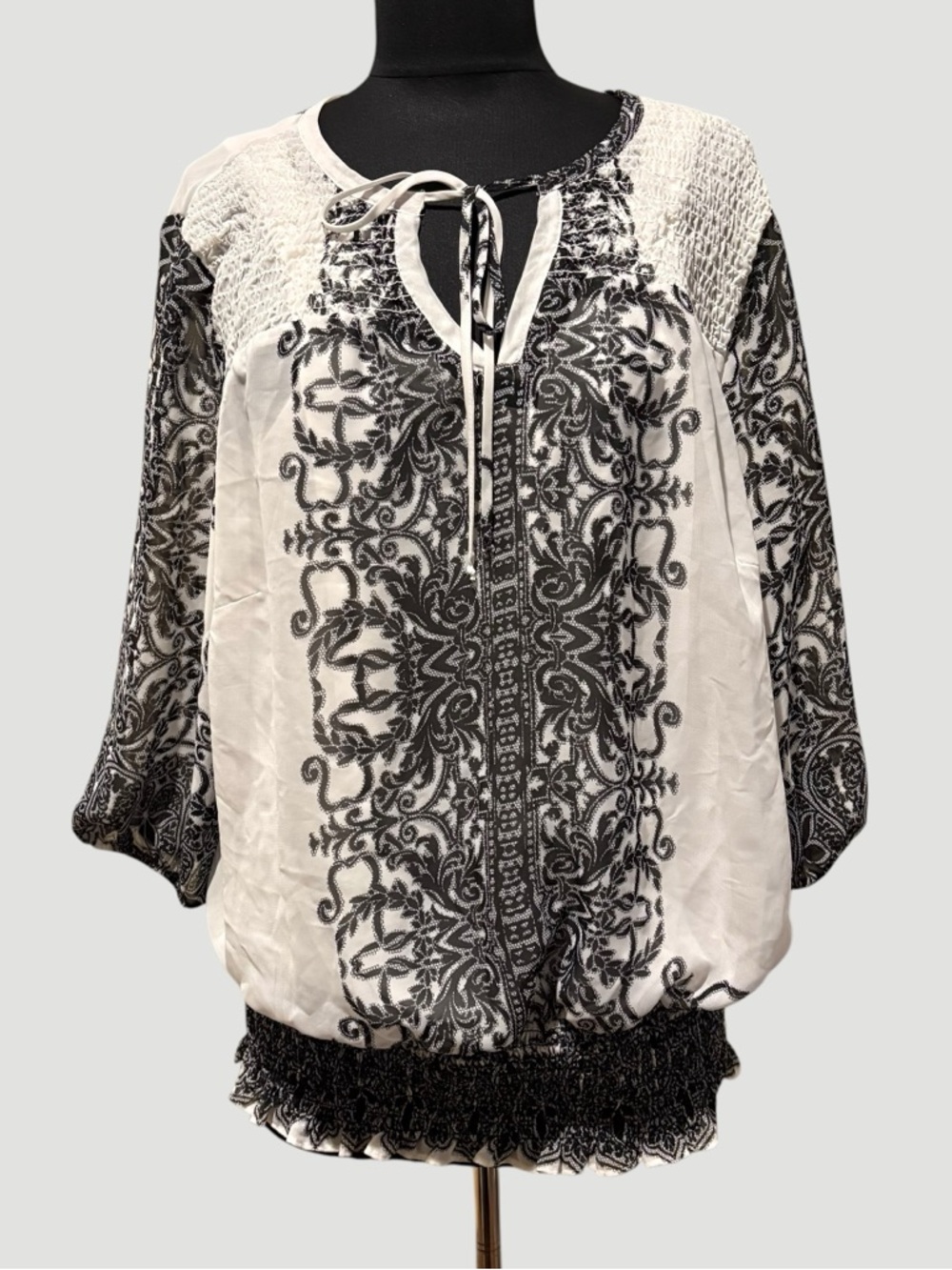 Fig & Flower Anthropologie Black White Peasant Boho Blouse Top Smocked size 2X